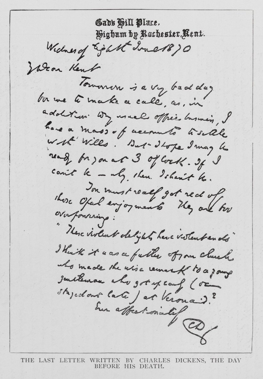 Dernière lettre écrite par Charles Dickens avant sa mort (gravure) - Charles John Huffam Dickens