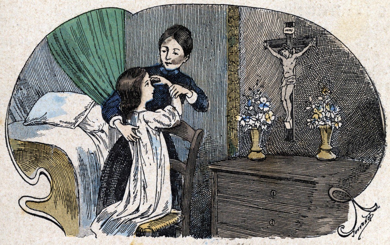 Le signe de la croix. Illustration de Jouvenot. Bibliothèque des catéchismes. Paris. Collection Leemage - Charles Jouvenot