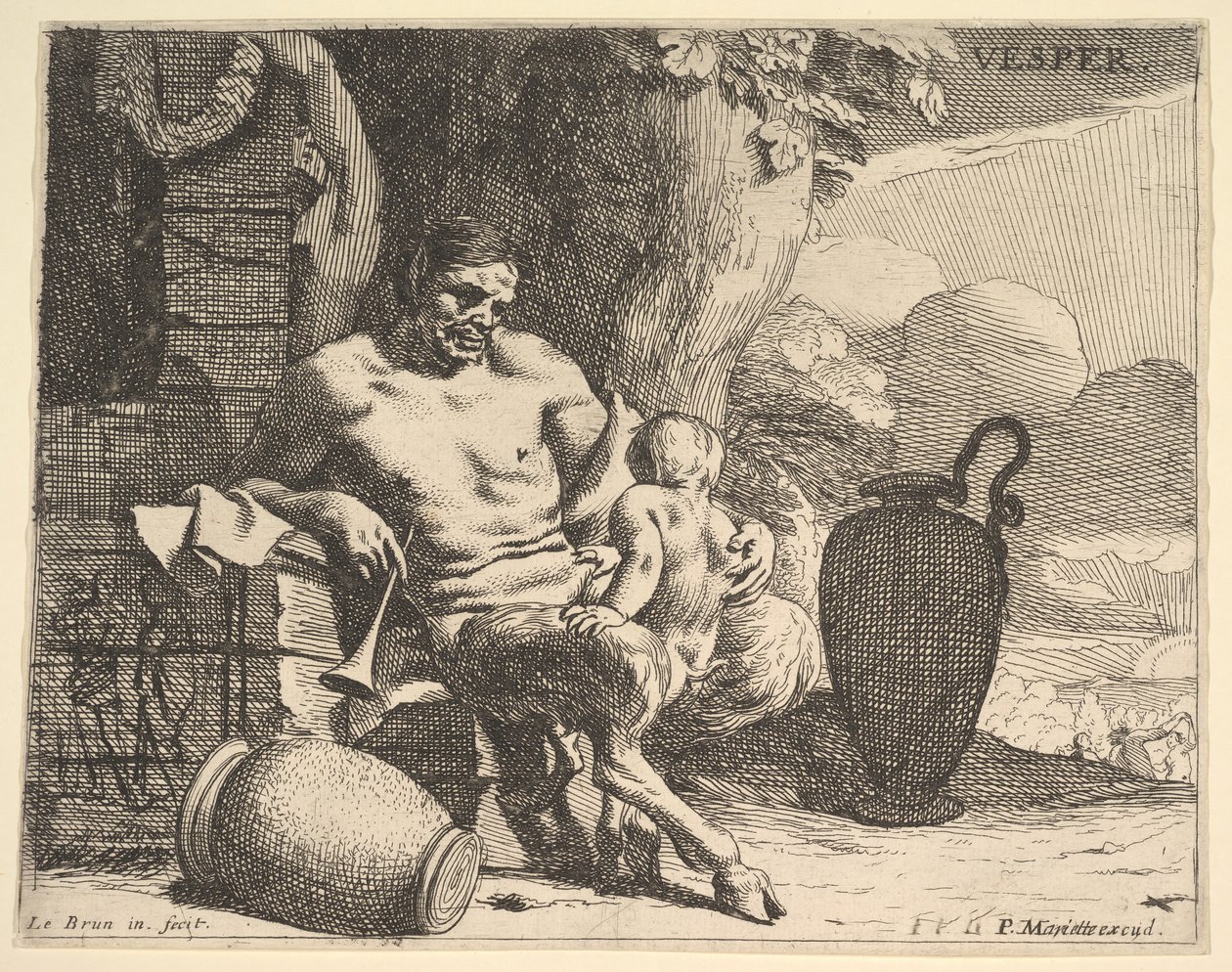 Soir : un satyre assis serre son enfant, une figure accroche une guirlande sur un pilier au-delà, vers 1640 - Charles Le Brun