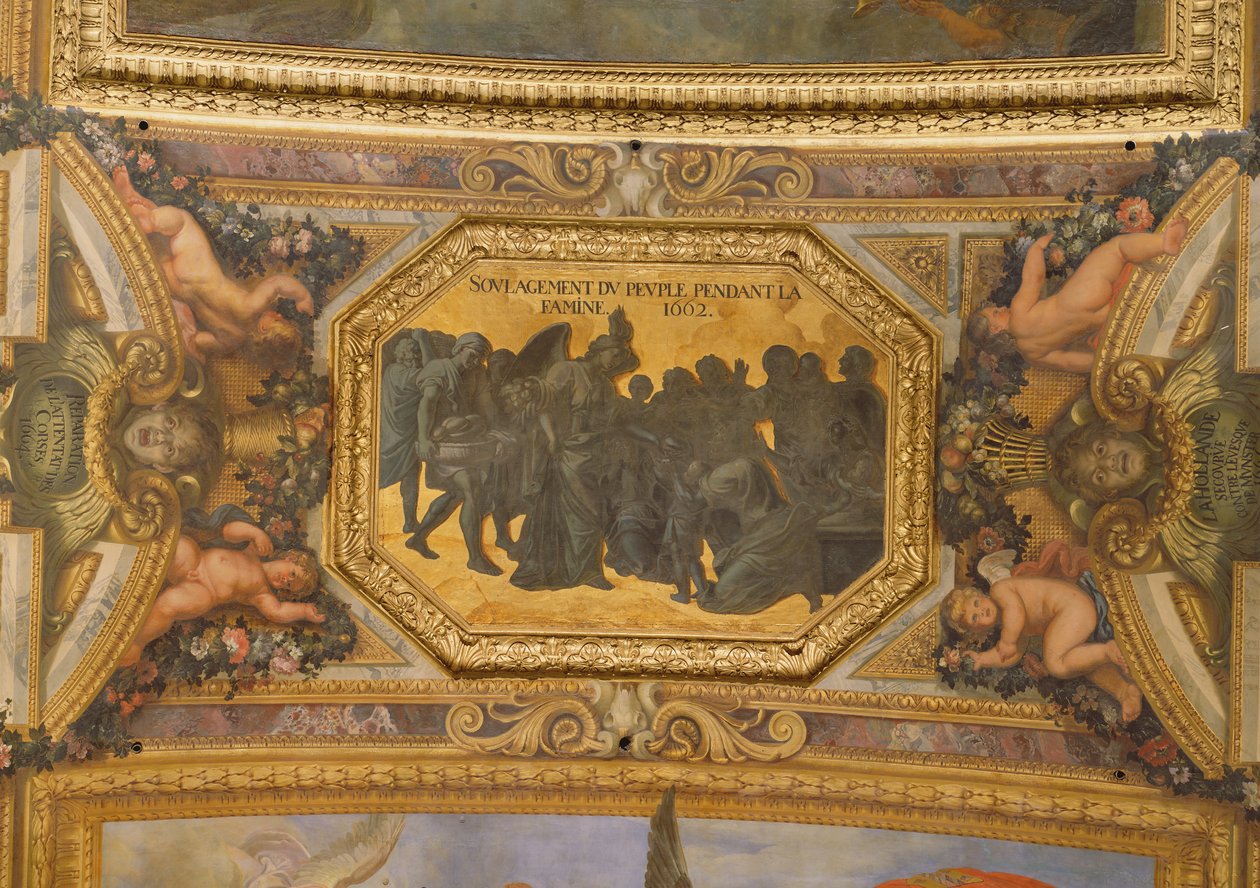 Aider les gens pendant la famine de 1662, peinture au plafond de la Galerie des Glaces - Charles Le Brun