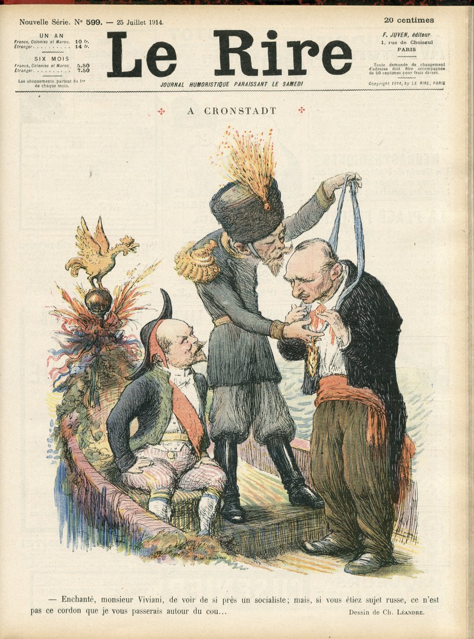 Illustration de Charles Léandre (1862-1934) pour la couverture de Le Lire, 25/07/14 - "Enchanté Monsieur Viviani de voir de si près un socialiste, mais si vous étiez un sujet russe, ce n