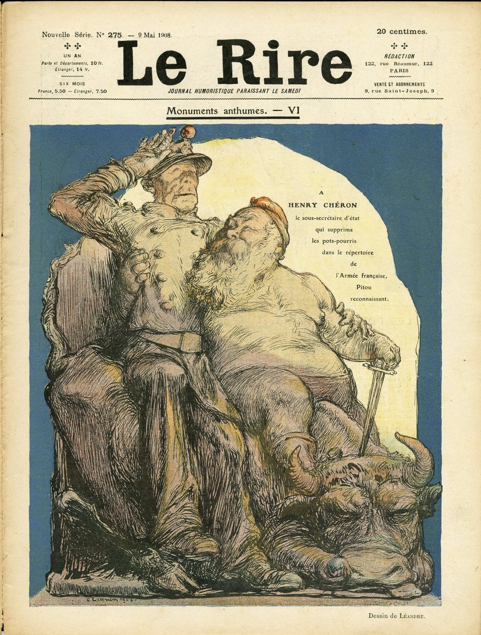 Illustration de Charles Léandre pour la couverture de Le Rire, 09/05/08 - Armée - Vache, Chérie Henry - Charles Leandre