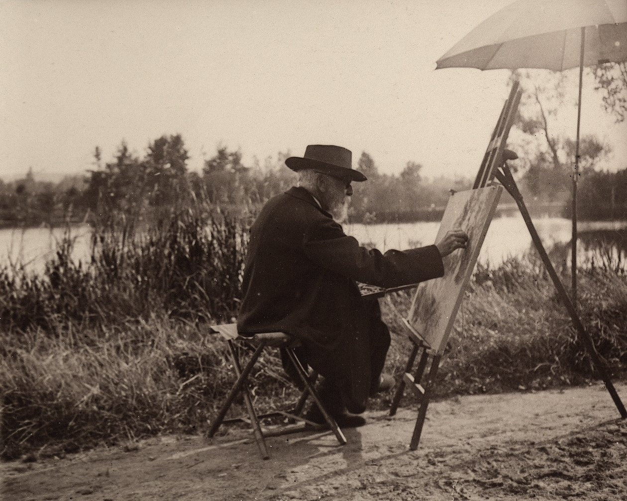Le peintre Lhermitte Léon (1844-1925), travaillant sur la rive de la Marne, non loin de sa propriété, vers 1914-1915, France - Charles Lhermitte