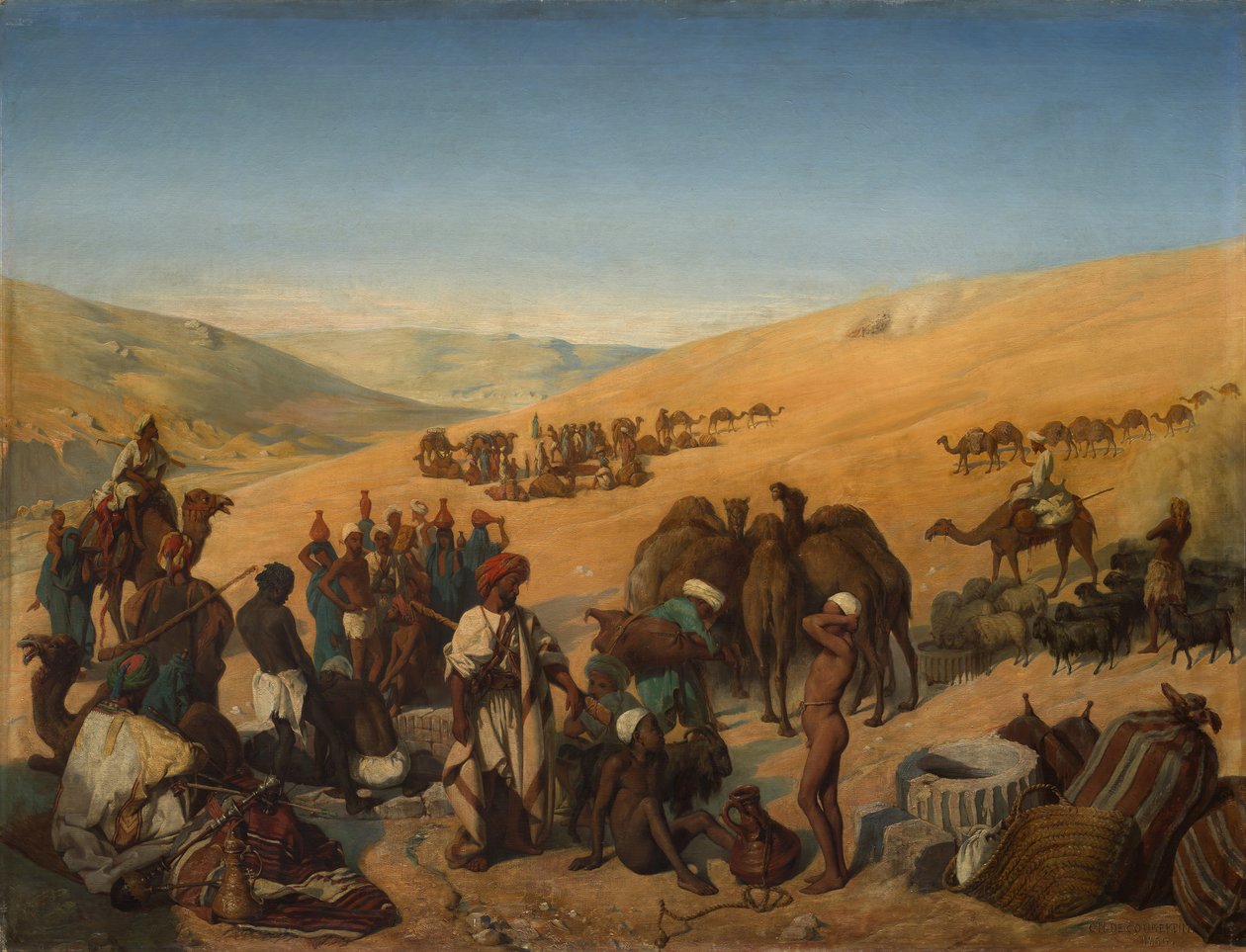 Halte des caravanes aux puits de Saba Beersheba dans le désert au sud de Hébron, 1850 - Charles Louis Fredy de Coubertin