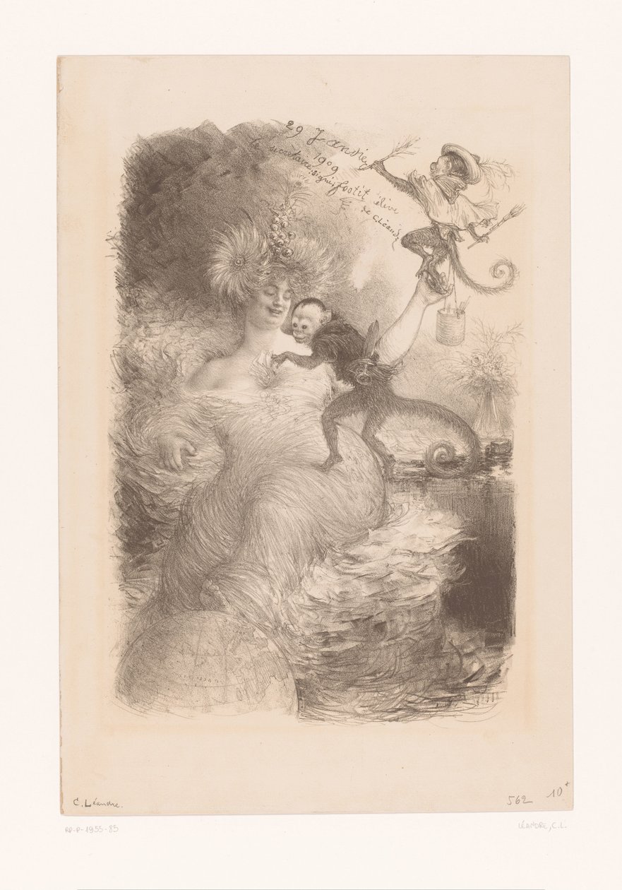 Femme avec globe terrestre, piles de papiers et deux singes - Charles Lucien Leandre
