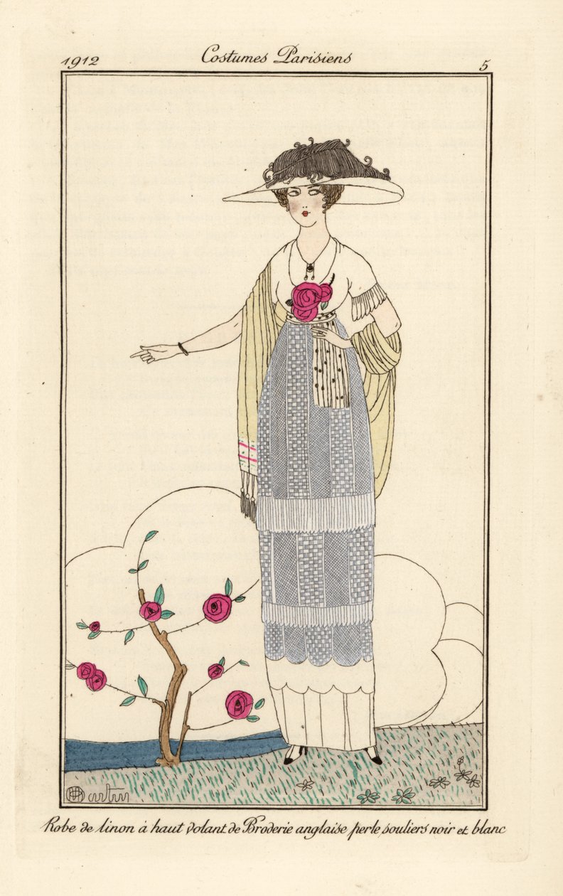 Femme en robe de lin avec dentelle anglaise perlée, chaussons noirs et blancs - Charles Martin