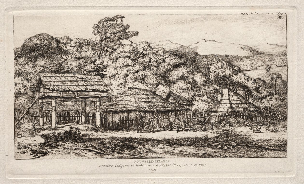 Granges et huttes indigènes à Akaroa, péninsule de Banks, 1845, 1865 - Charles Meryon