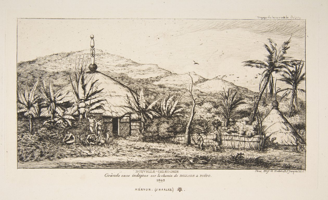 Nouvelle-Calédonie : Grande hutte indigène sur la route de Balade à Puebo, 1845, tiré de « Le Voyage en Nouvelle-Zélande (1842-46) » - Charles Meryon