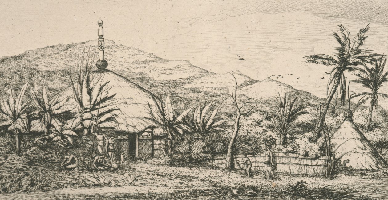 Nouvelle-Calédonie : grande case indigène sur le chemin de balade à Poepo, illustration de "Gravure du Pacifique...", 1863 - Charles Meryon