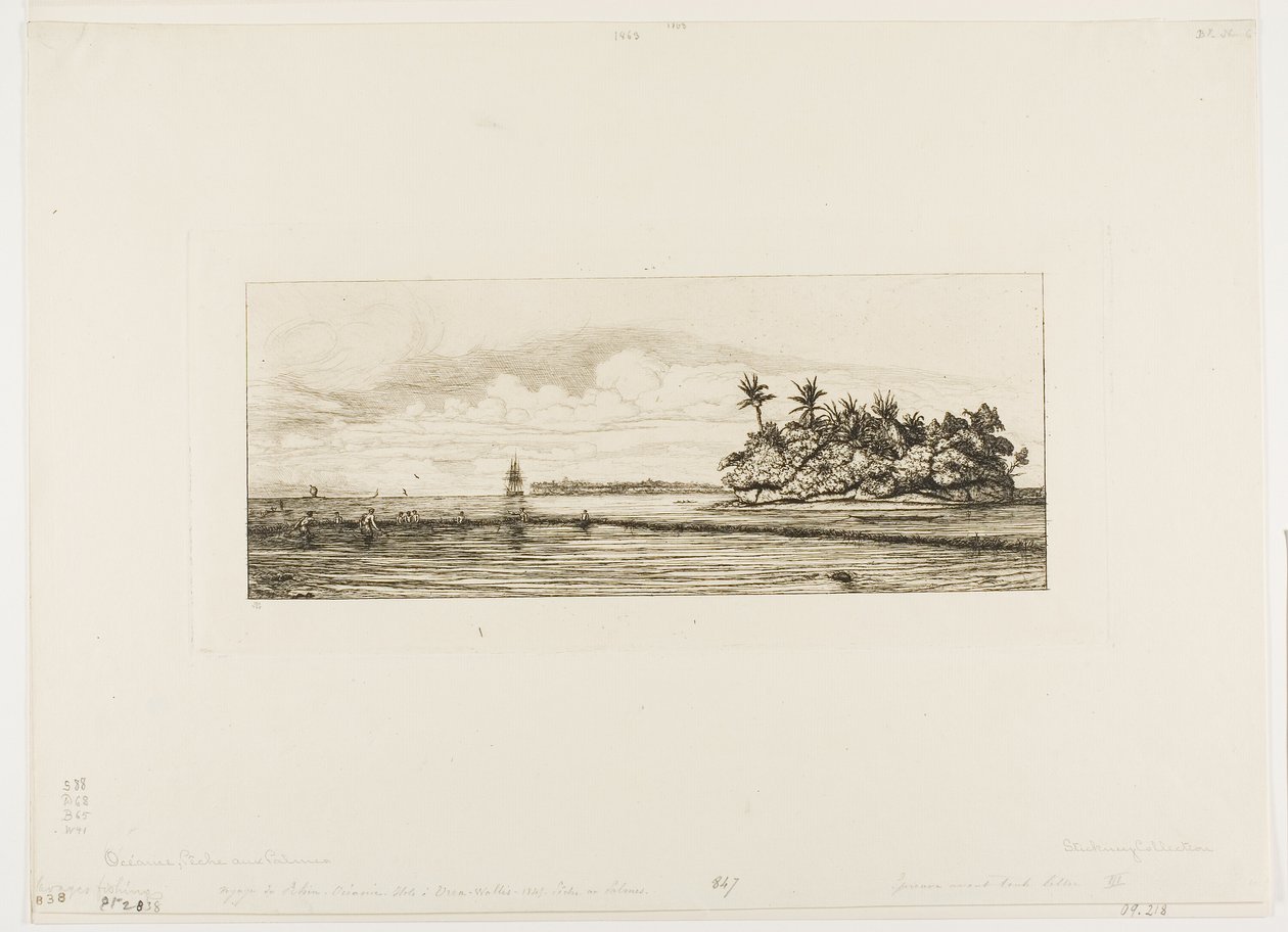 Océanie : Pêche, près des îles avec des palmiers dans le groupe Uea ou Wallis, 1845 - Charles Meryon