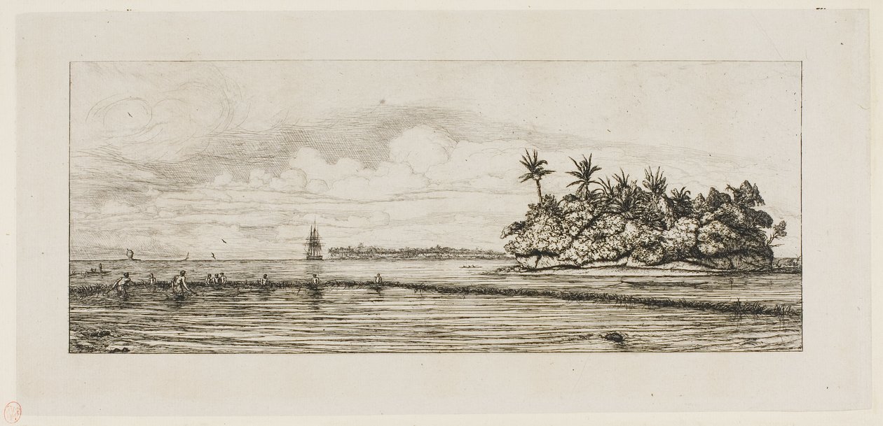 Océanie : Pêche, près des îles avec des palmiers dans le groupe Uea ou Wallis, 1845 - Charles Meryon