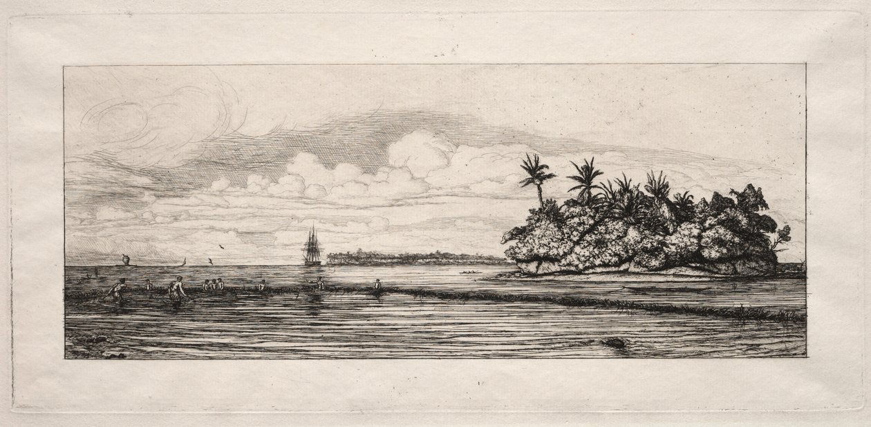Océanie : Pêche près des îles avec des palmiers dans le groupe Uea ou Wallis, 1863 - Charles Meryon