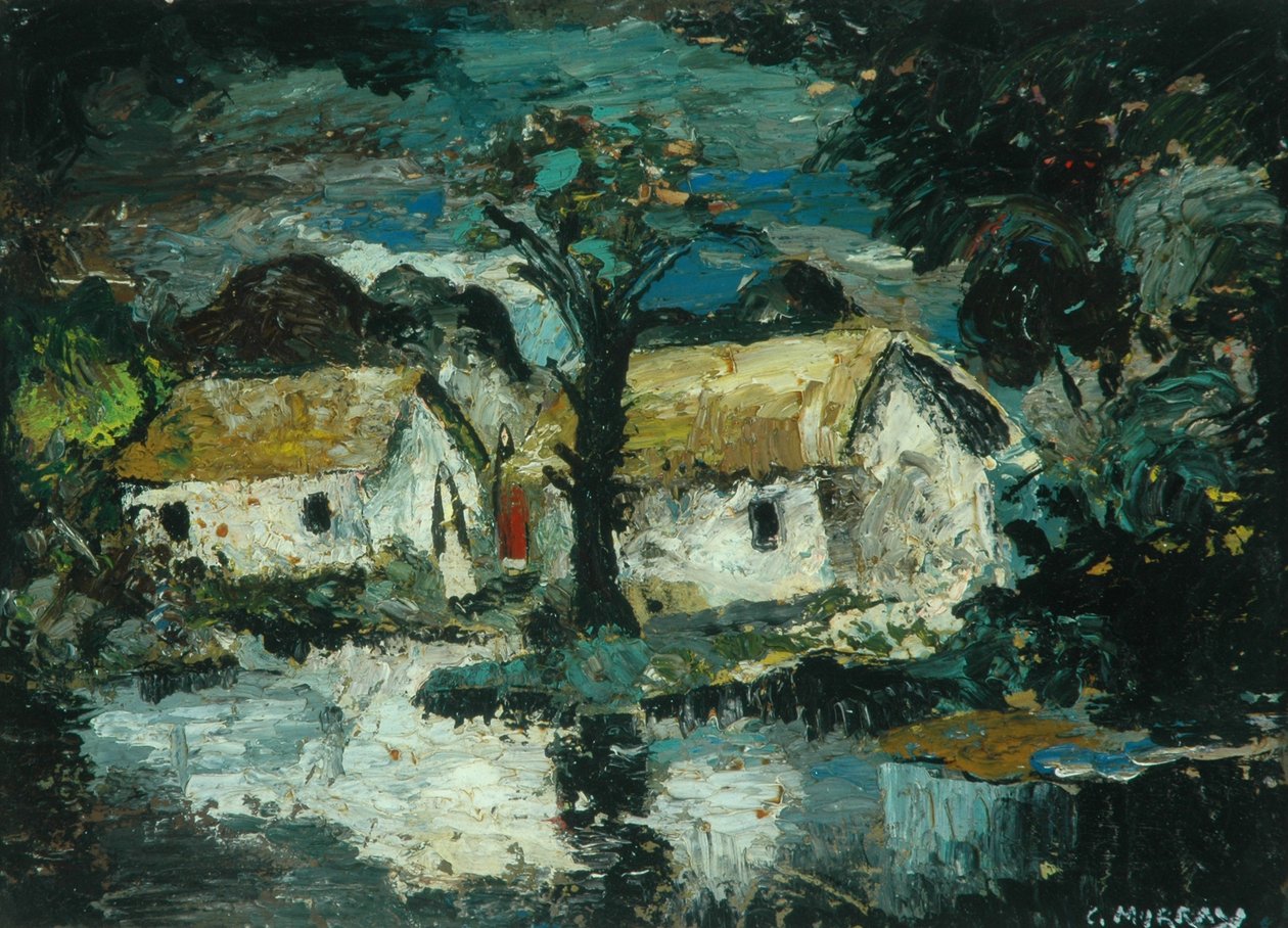 Cottage with Stream (huile sur carton) - Charles Murray