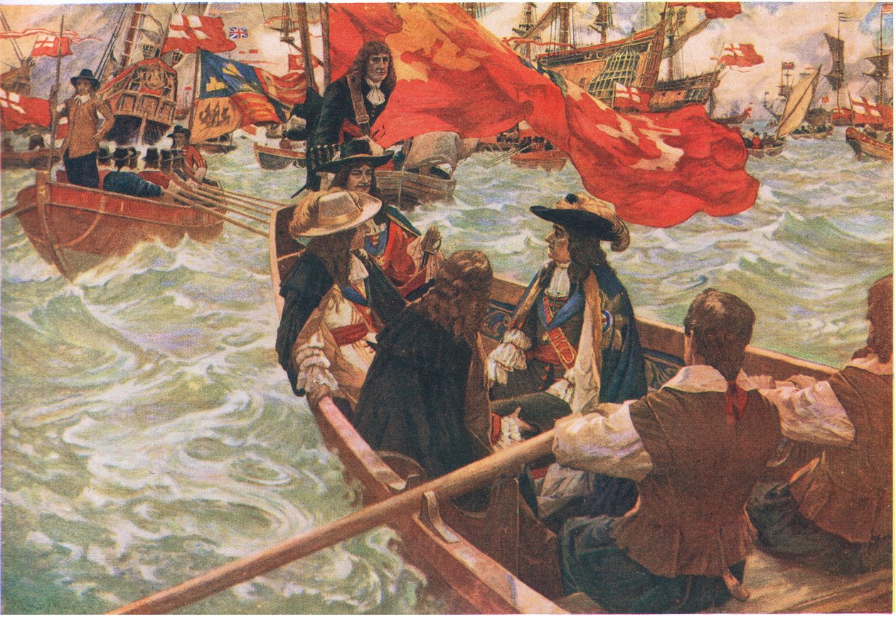 Homecoming of Charles II, extrait de Cassells History of the British People publié par la Waverley Book Company Limited, vers 1940 (lithographie en couleur) - Charles Murray Padday