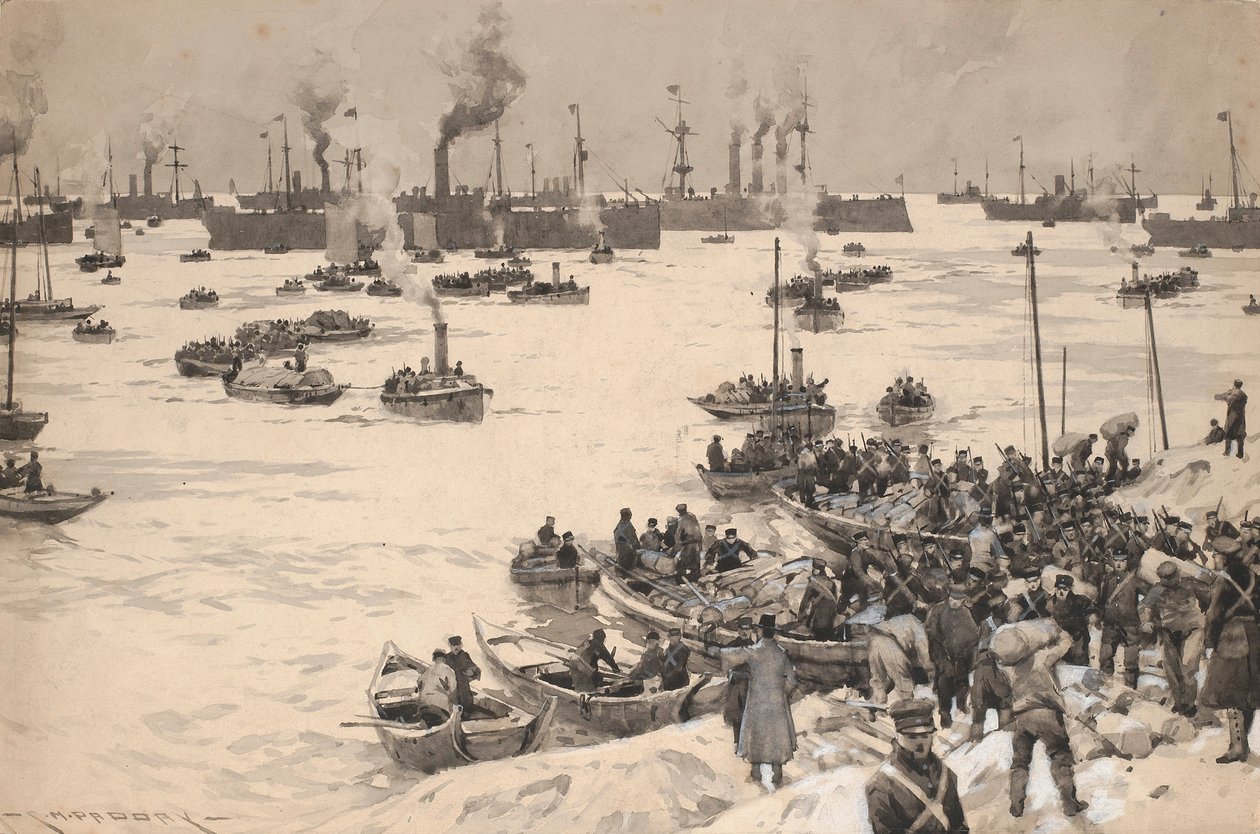 Les troupes japonaises débarquant en Corée en 1905. Dessin et lavis (30.1x45.6 cm) par Charles M. Padday ( ) , début du 20e siècle. - Charles Murray Padday