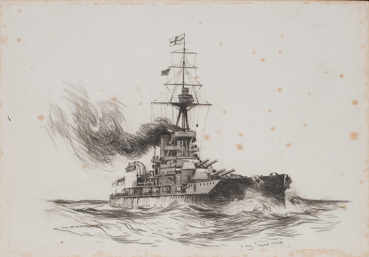 Le navire britannique Iron Duke. Dessin (25.5x36.8 cm) par Charles M. Padday ( ) , début du 20e siècle. - Charles Murray Padday
