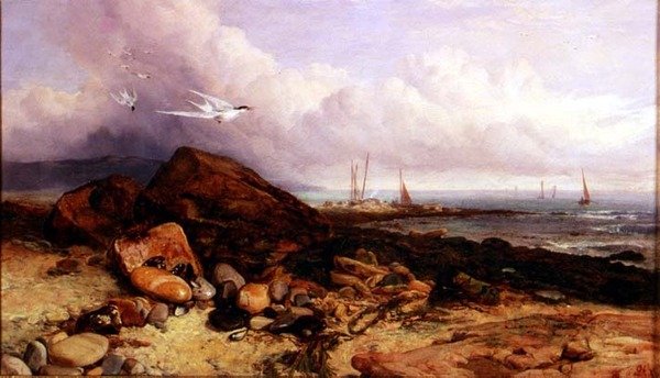Scène de rivage avec bateau de pêche et sternes - Charles Napier Hemy