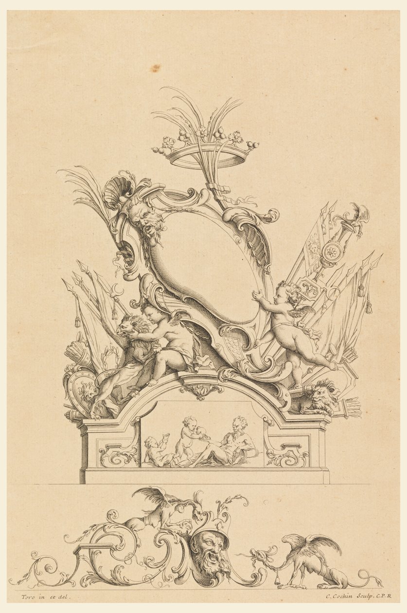 Design pour Cartouche avec Couronne, Deux Putti servant Bacchus, et Deux Lions de "Cartouches Nouvellement Inventez" - Charles Nicolas Cochin the younger
