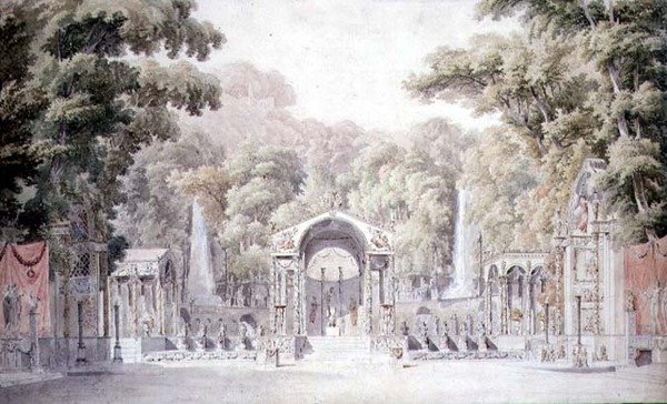 Conception pour un décor de scène avec un temple de Vénus dans un jardin boisé pour 