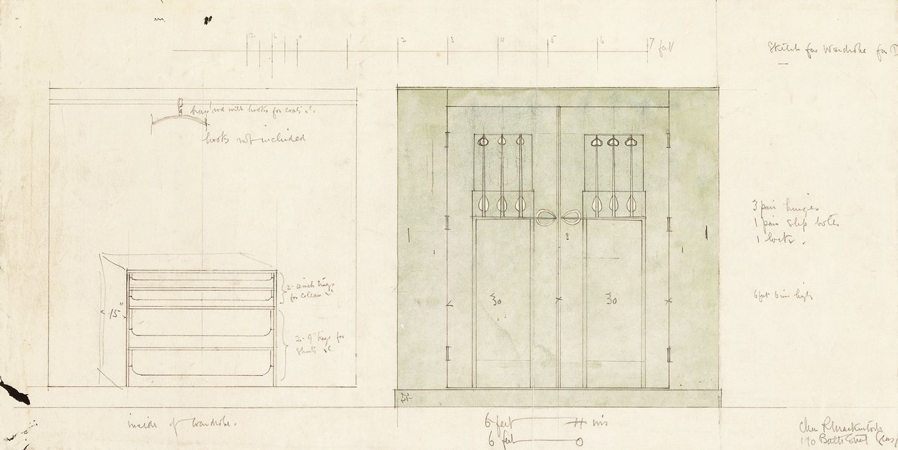 Conception pour une armoire, montrée en élévation de la façade et de l