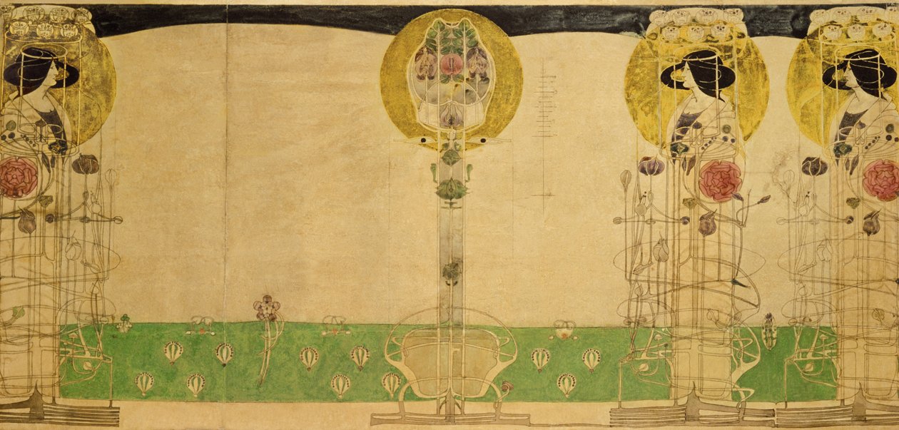 Conception préliminaire pour la décoration murale de la salle du premier étage des salons de thé de Miss Cranston, Buchanan Street, 18967 - Charles Rennie Mackintosh