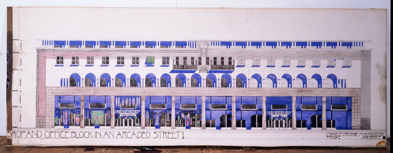 Dessins architecturaux inédits pour un magasin et une rue avec arcades, c.1915 - Charles Rennie Mackintosh