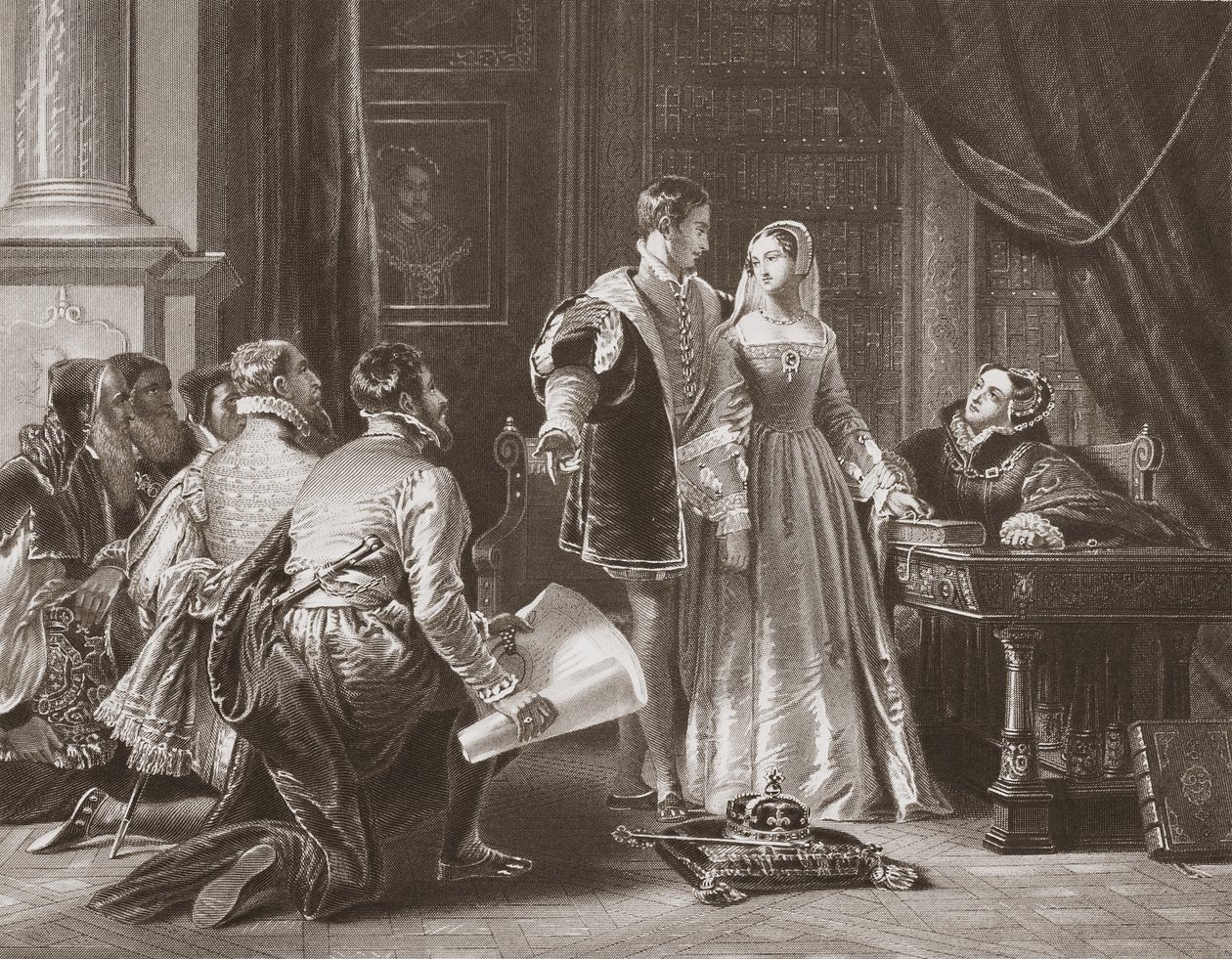 La réticence de Lady Jane Grey à accepter la couronne, gravé par A.H. Payne - Charles Robert (after) Leslie