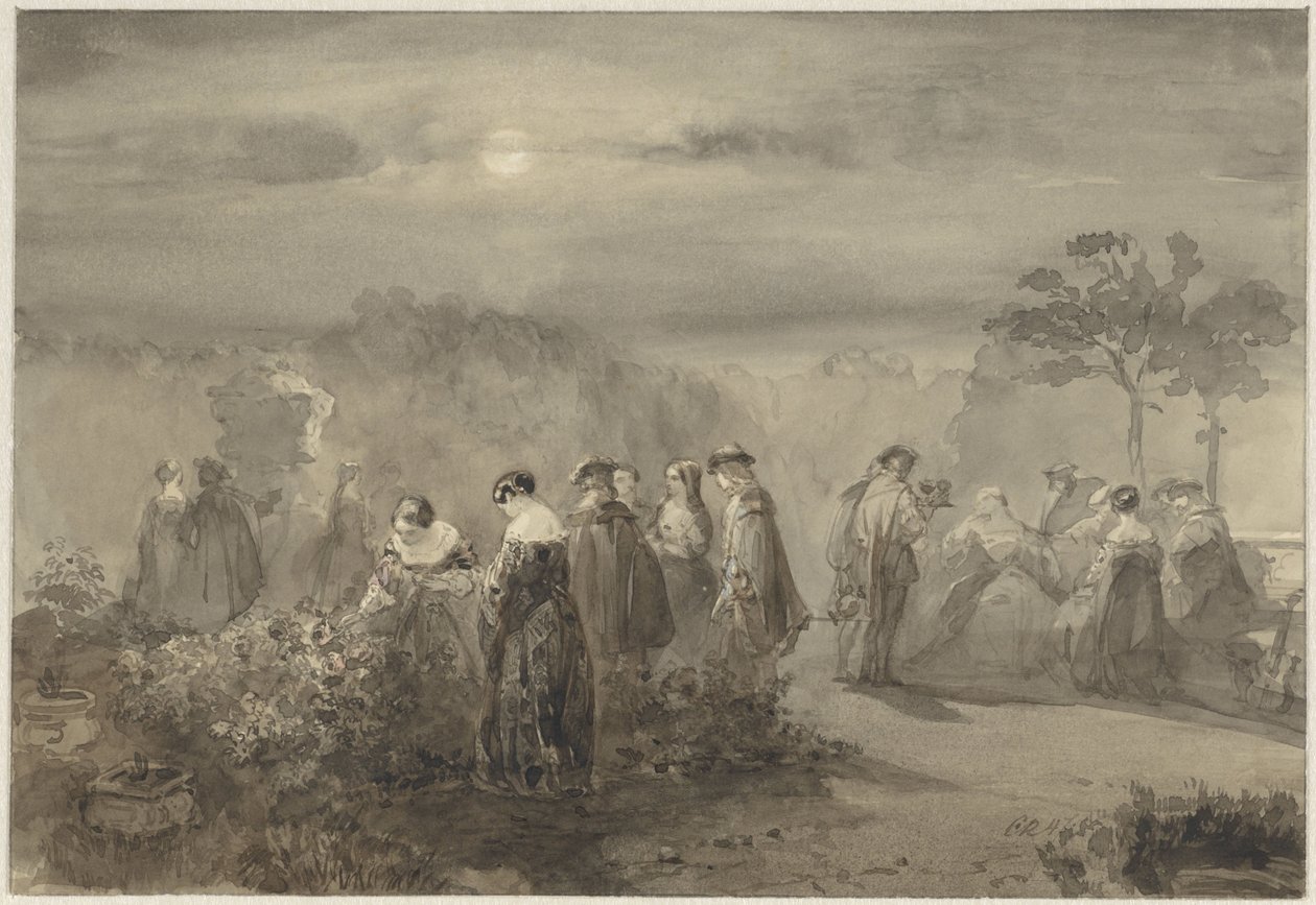 Groupe de dames et messieurs dans une cour éclairée par la lune avec des rosiers - Charles Rochussen