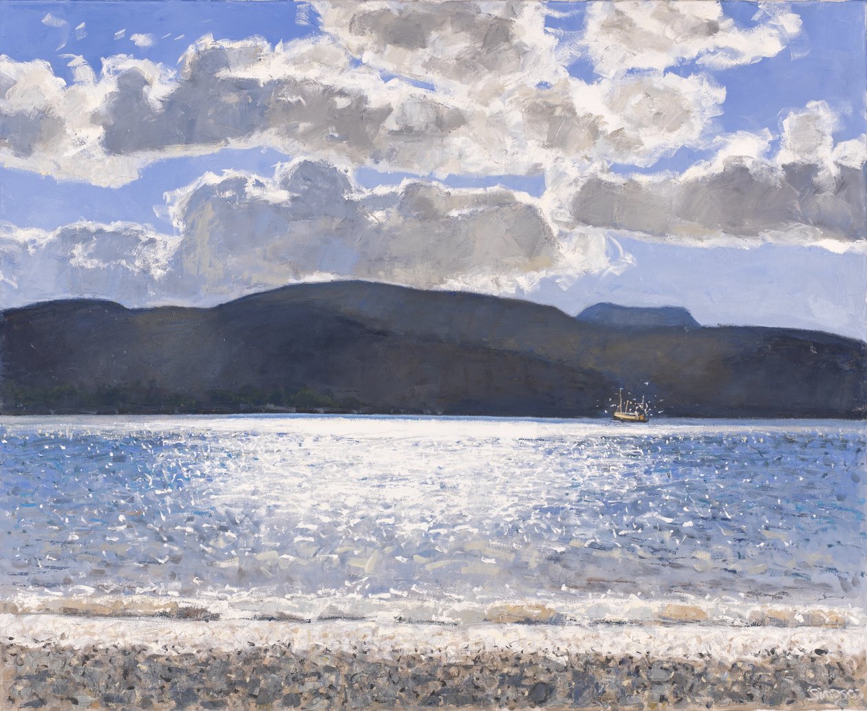 Bateau de pêche, Loch Broom, 2017 (huile sur toile) - Charles Simpson
