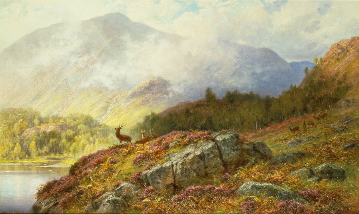 Cerfs dans un paysage des Highlands - Charles Stuart