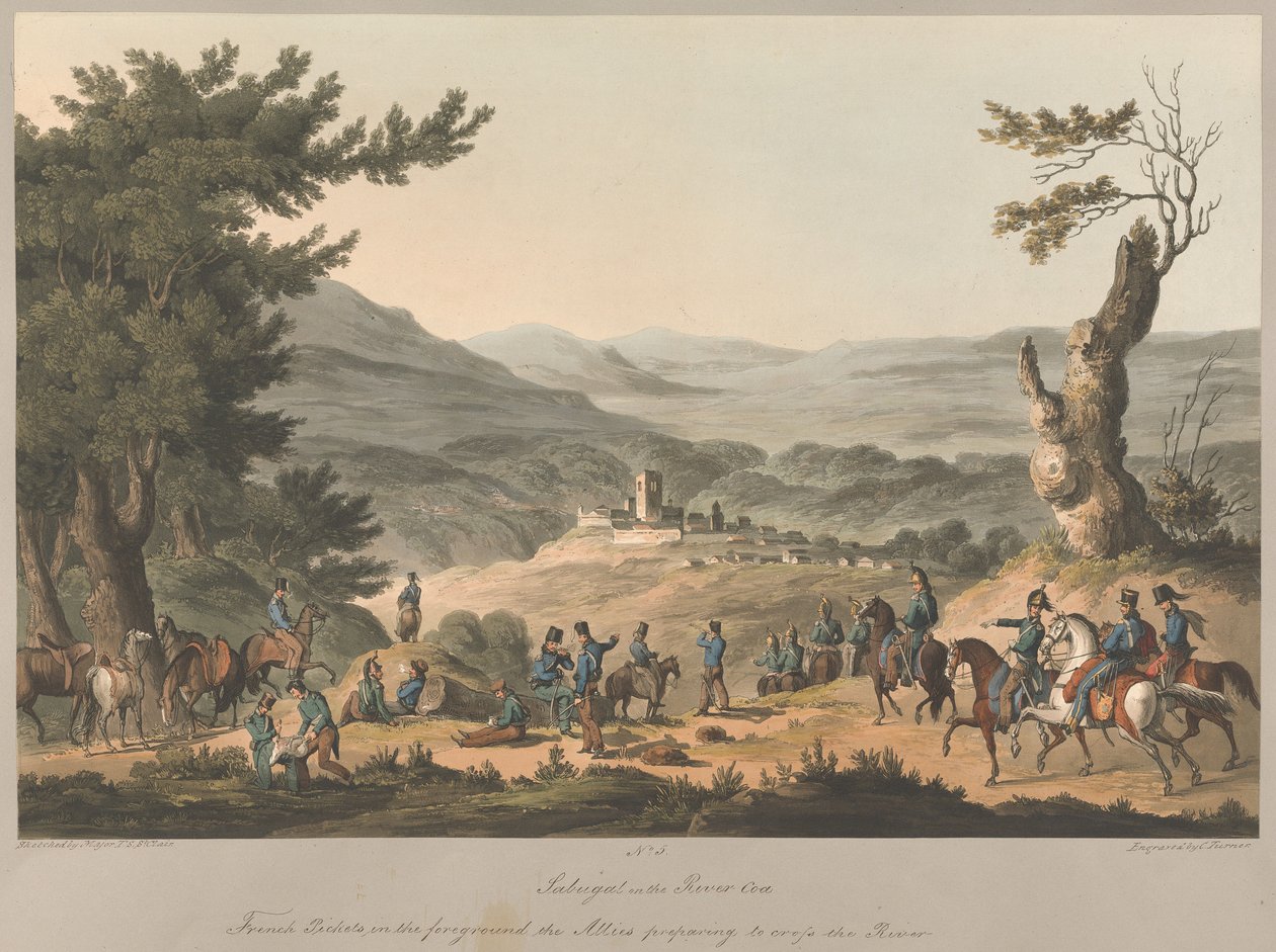 N° 5  Sabugal, sur la rivière Coa. Des sentinelles françaises au premier plan ; les Alliés se préparent à traverser la rivière. - Charles Turner