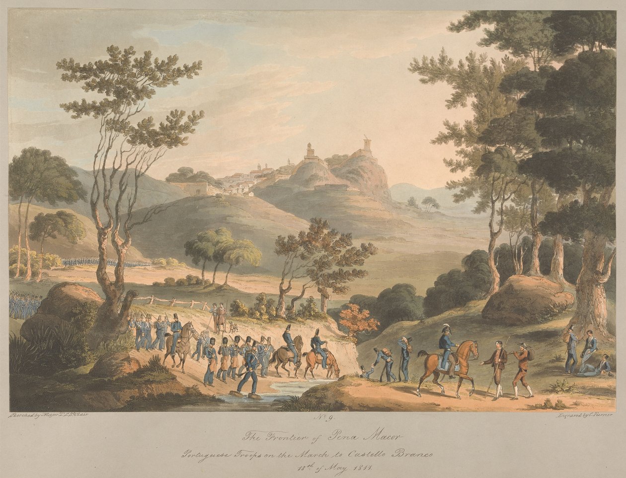 N° 9 : La frontière de Pina Macor. Troupes portugaises en marche vers Costello Branco, le 18 mai 1811 - Charles Turner
