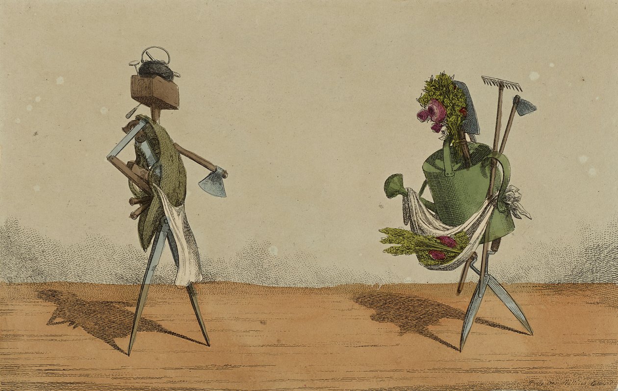 Outils animés, Planche 2, dédiée aux charpentiers et jardiniers de Grande-Bretagne, vers 1811 (eau-forte coloriée à la main) - Charles Williams