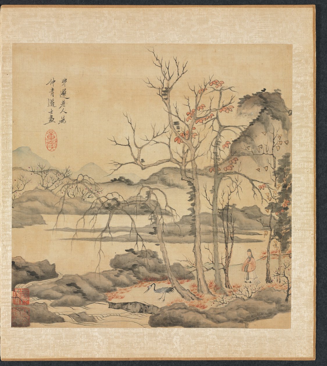 Taoïste et grue dans un paysage d