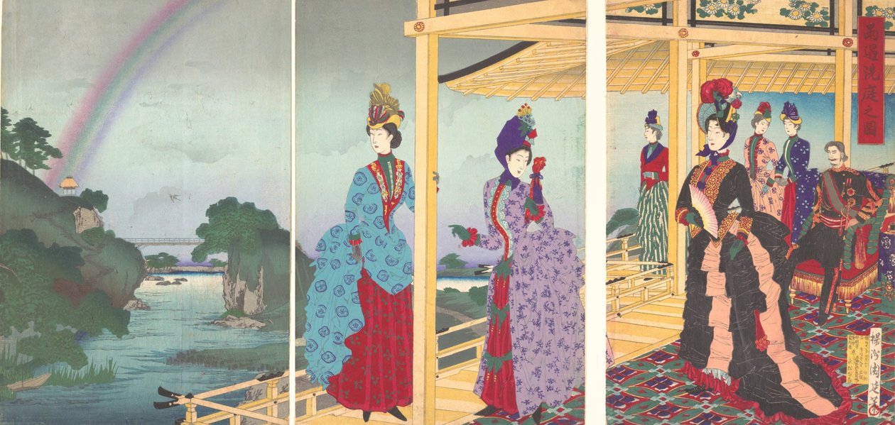 Un jardin rafraîchi par la pluie passante Ukasentei no zu, juillet 1888 - Chikanobu Yoshu