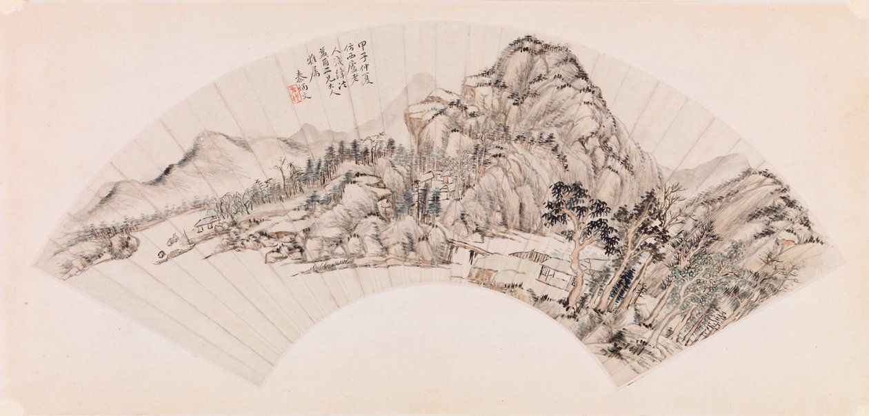 Éventail représentant un paysage - Chin Ping wen Chin Ping wen