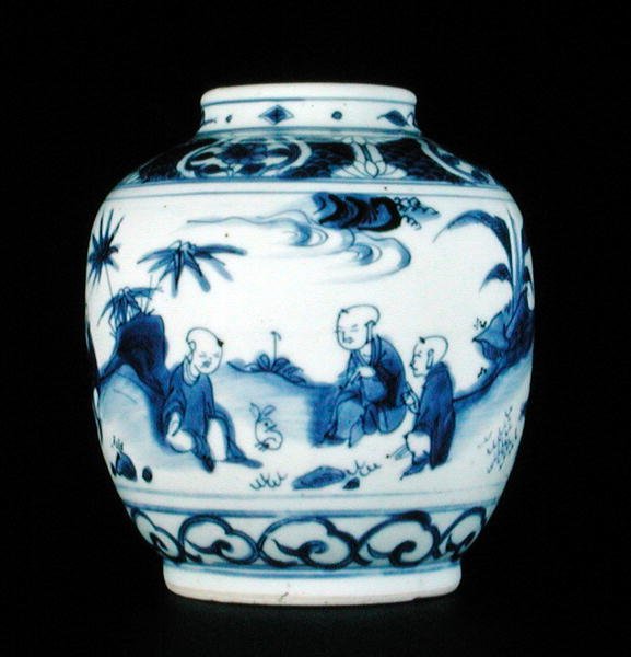 Pot bleu et blanc peint avec des garçons avec un lièvre, Wanli ou Chongzheng, 1600-30 - Chinese School