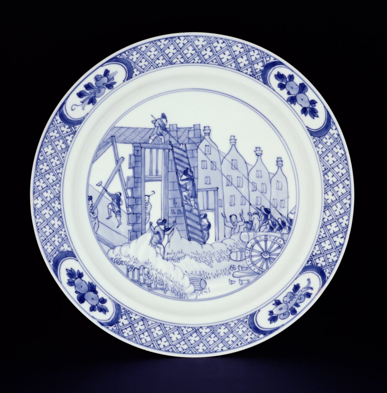 Assiette bleue et blanche représentant les émeutes de Rotterdam (porcelaine) - Chinese School