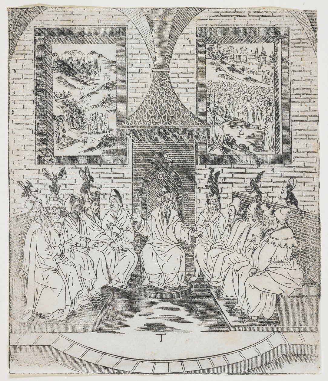 Caïphe et le Conseil des Anciens, planche de Giulio Alenis Tianzhu jiangsheng zhuxiang jingjie (Une Histoire Illustrée du Seigneur du Ciel Incarné en Chair), Église de Jinjiang, Fujian - Chinese School