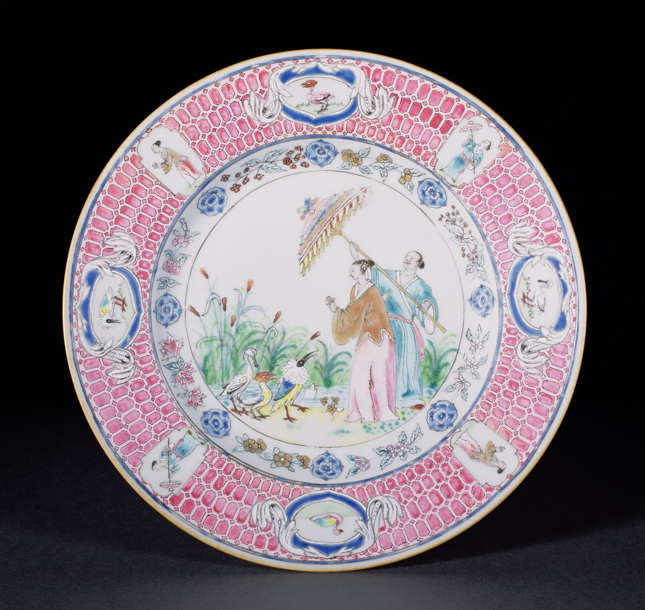 Assiette de dîner peinte en Famille Rose représentant La Dame au Parason, d