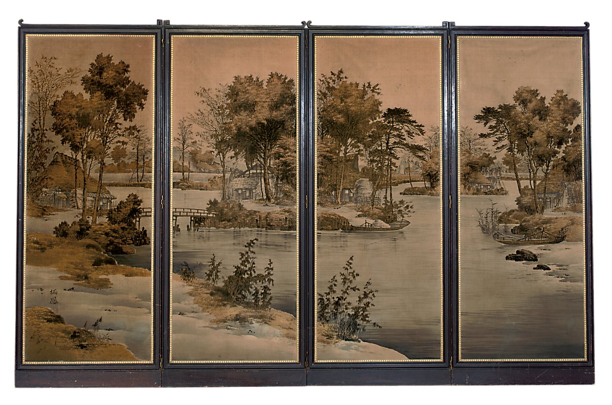 Paravent à quatre volets avec panneaux de velours, tissés avec un paysage fluvial en tons grisaille - Chinese School