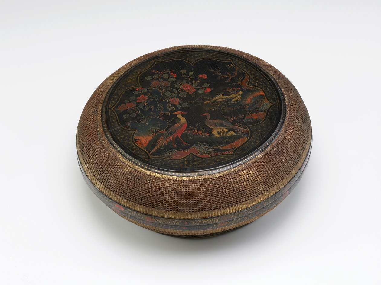 Boîte circulaire en laque et vannerie, fin XVIe-début XVIIe siècle (laque noire sur noyau de bois avec pigments polychromes, dorure et vannerie de bambou) - Chinese School