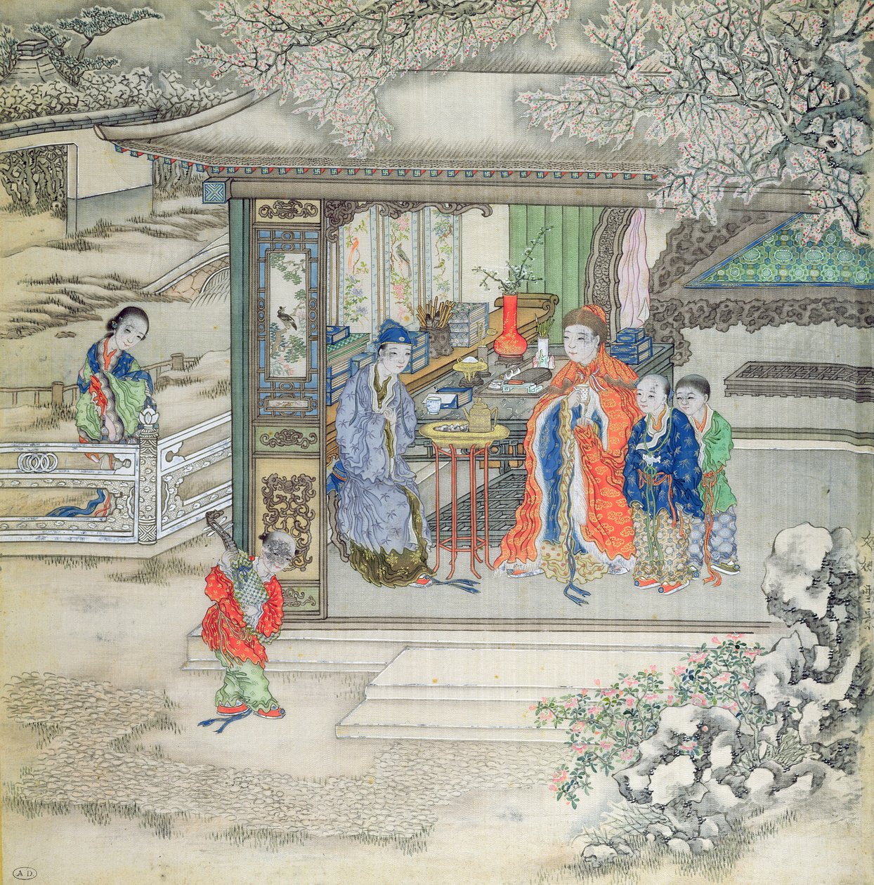 Scène dans un jardin avec une famille recevant des visiteurs - Chinese School