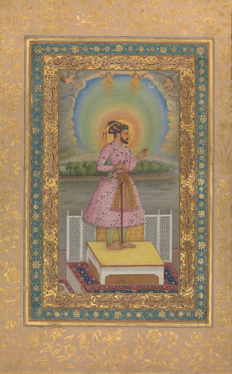 Shah Jahan sur une terrasse, tenant un pendentif avec son portrait (folio) - Chitarman