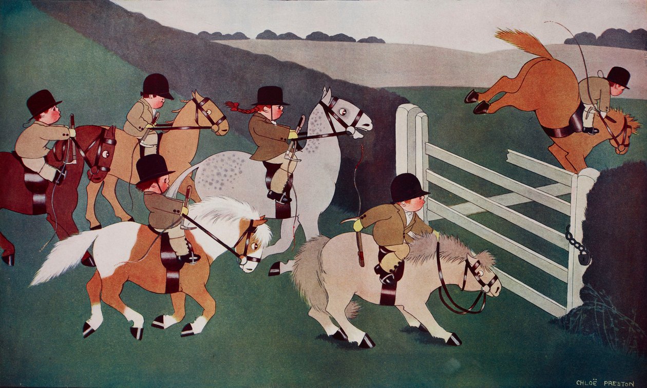The gate crashers, jockeys on horseback, caricature de Chloe Preston (1887-1969) tirée du Tatler, n° 1435, 26 décembre. - Chloe Preston