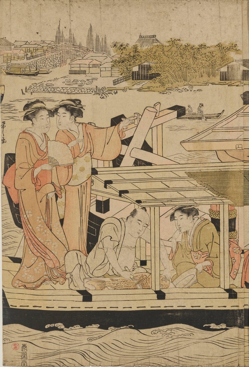 Se rafraîchir sur des bateaux près du pont Ōhashi - Chobunsai Eishi
