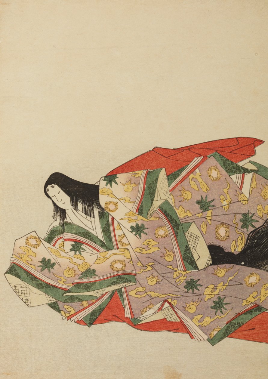 Dame de cour assise dans une robe violet clair à motif vert et jaune, planche de l