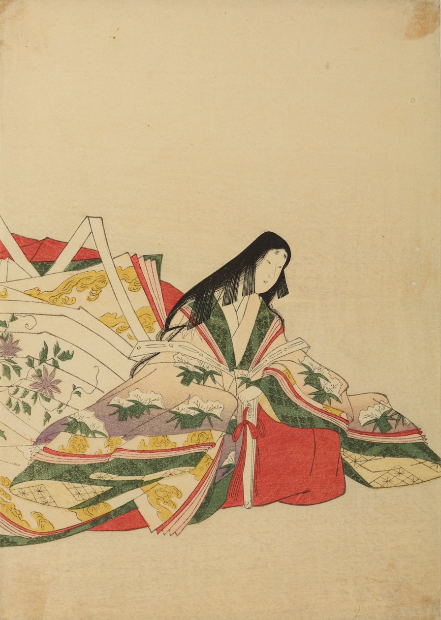 Dame de cour assise, appuyée sur un éventail, illustration tirée de l