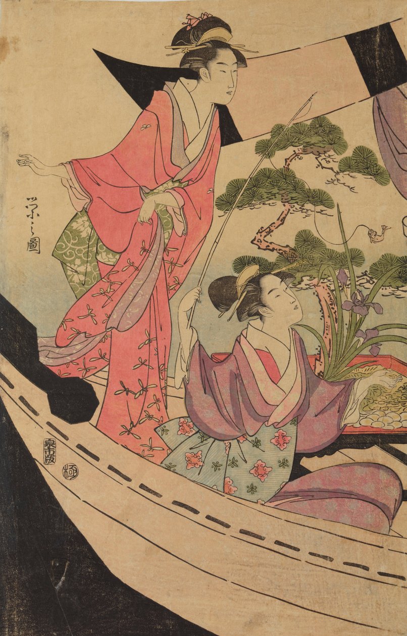 Deux femmes dans une barque avec un poisson pris à la ligne - Chobunsai Eishi