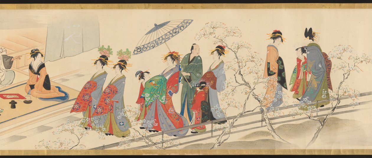 Trois dieux de la bonne fortune visitent Yoshiwara; ou « Scènes de plaisir au sommet du printemps » - Chobunsai Eishi